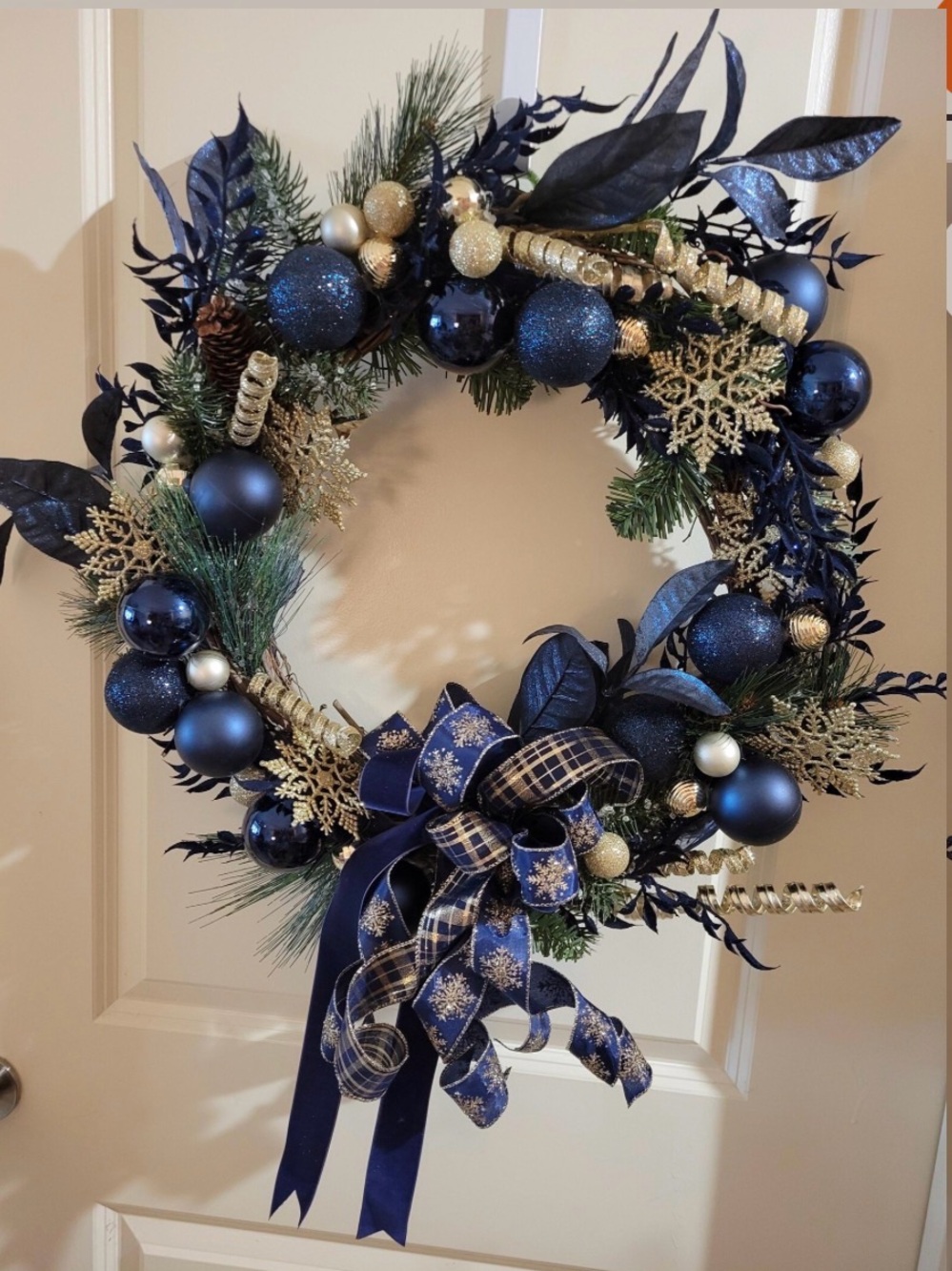 Navy and Gold Holiday Wreath with Decorative Bow